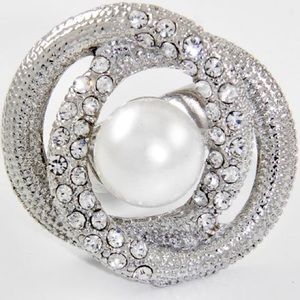 Large Silver Pearl Crystal Statement Ring